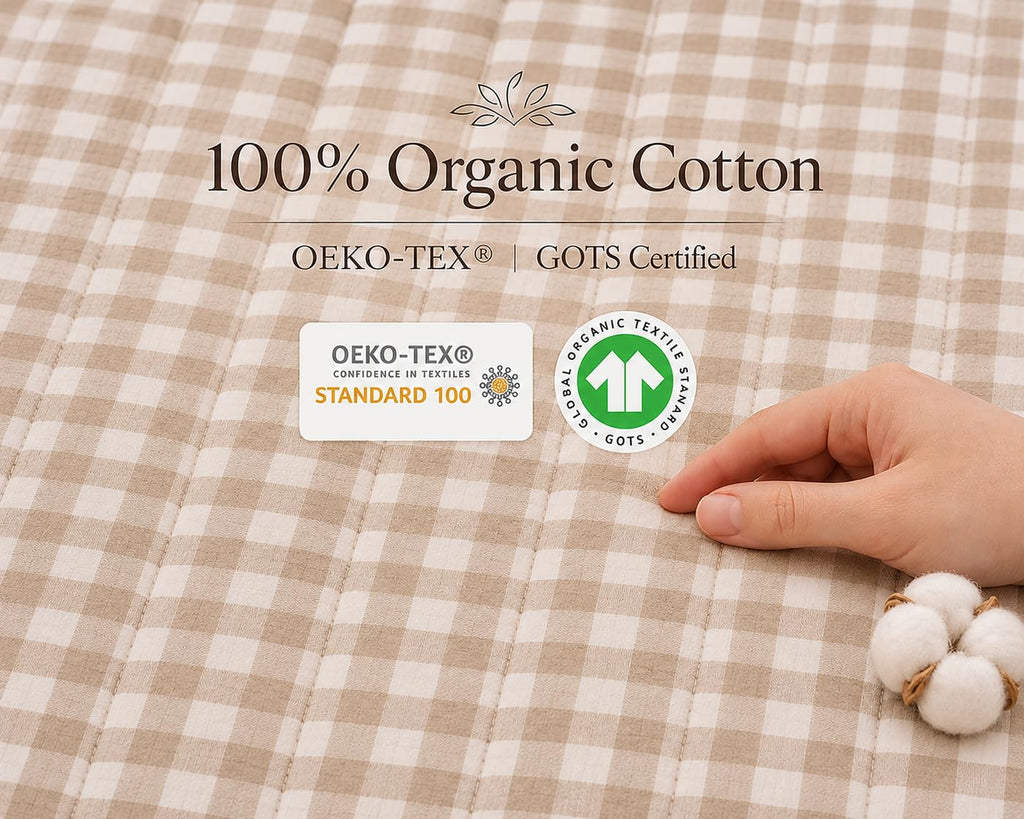 100% Organic Cotton Quilt (Shell & Fill), Neutral Gingham Quilt, Oeko-TEX Certified, GOTS Certified, Channel