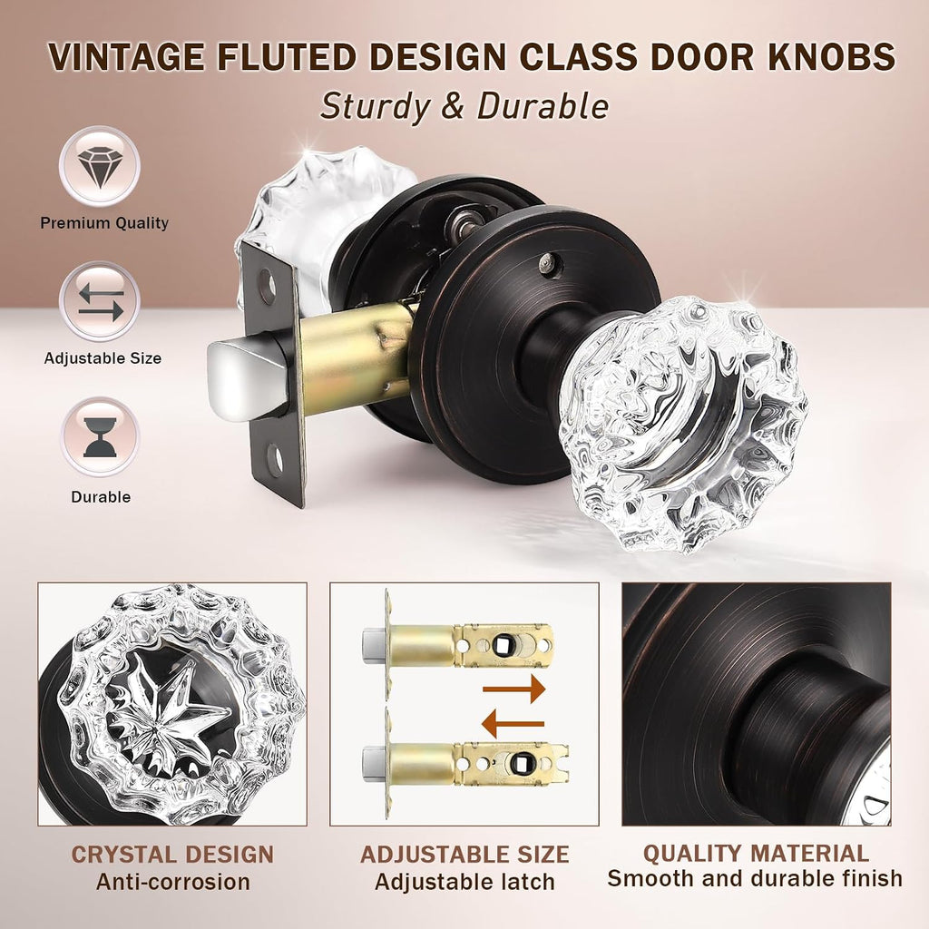 Modern Round Crystal Door Knobs with Lock, Frosted Glass Design, Privacy Function for Bed and Bath, Oil Rubbed Bronze