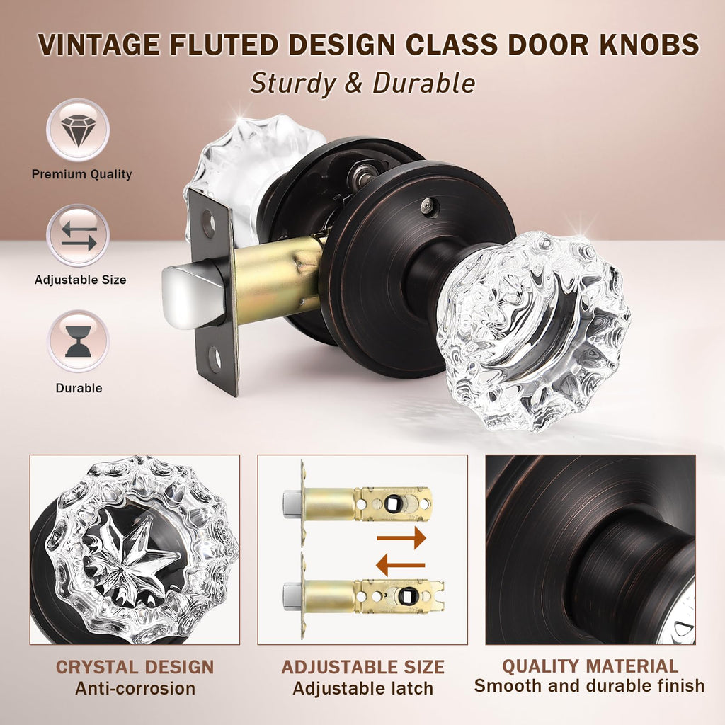 Privacy Glass Door Knob Crystal Regency Fluted Door Knob with Victorian Plate Rosette in Oil Rubbed Bronze Set of 2