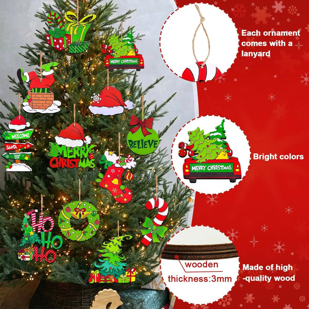 Christmas Tree Decorations Set, Wooden Christmas Ornaments Bulk - Set of 12