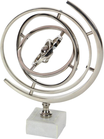 Aluminum Armillary Globe with Marble Base, 10" x 7" x 13", Silver