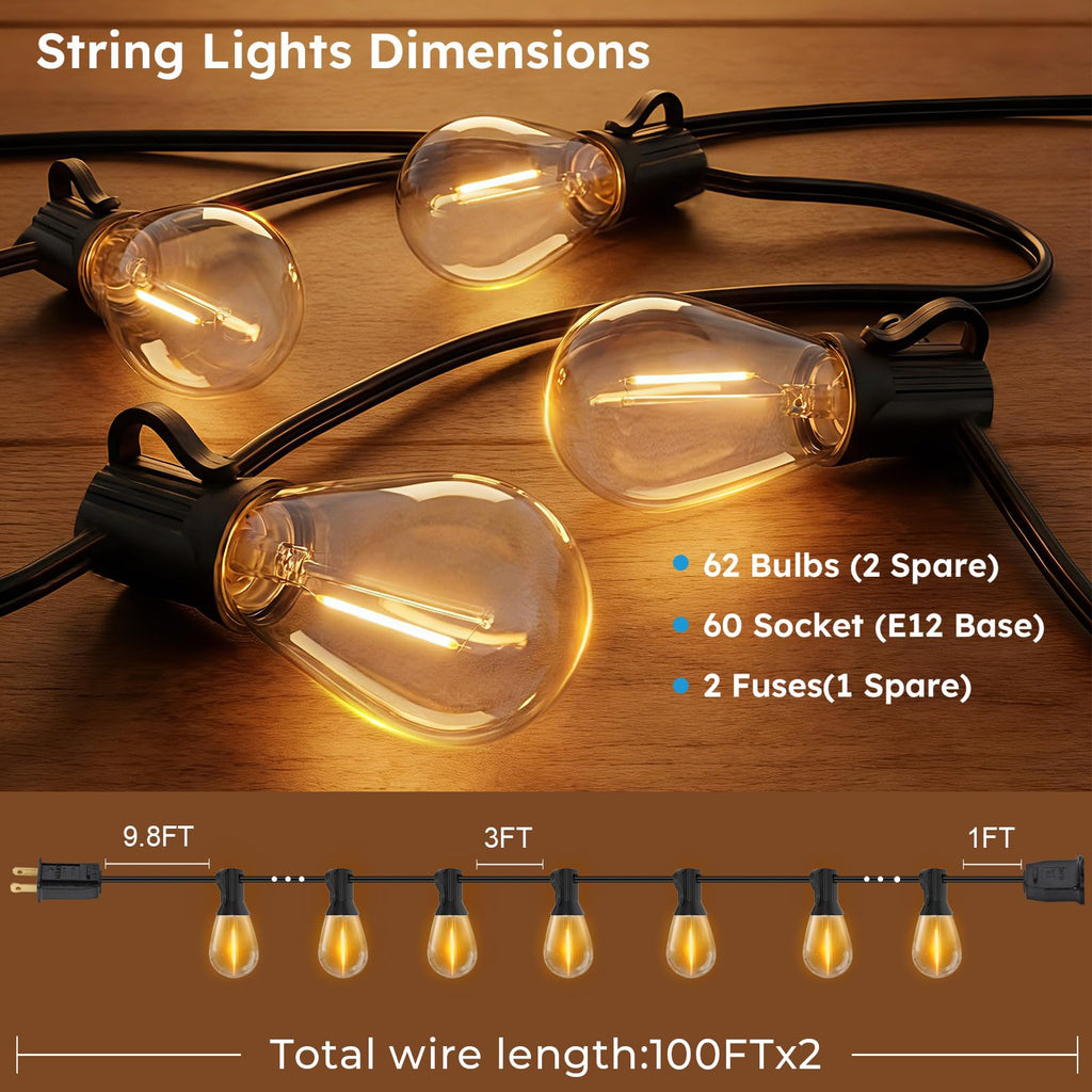 LED Outdoor String Lights, Waterproof Patio Lights Dimmable