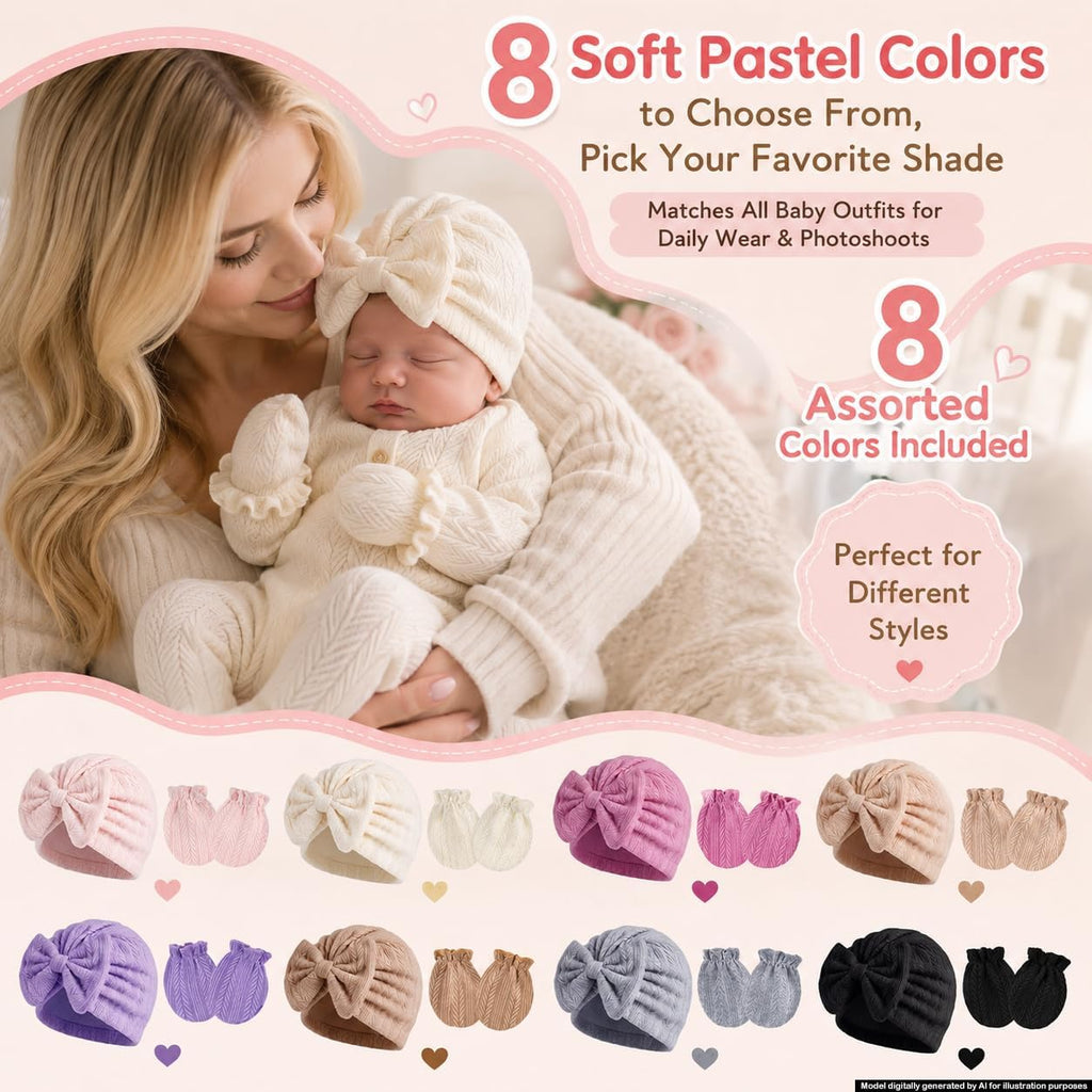 8 Sets Newborn Baby Girl Hats with Bows and Mittens Set for Infants 0