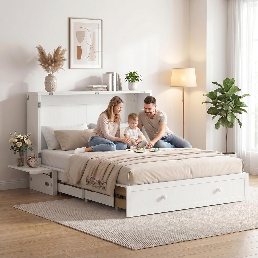 Murphy Bed Queen Cabinet Bed with Tri-fold Mattress and Built-in USB Charging, 2 Drawers, Bedside Panel, Hidden Guest