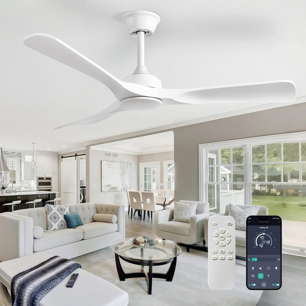 52 Inch 3 Blade Outdoor Fans for Patios - White Ceiling Fan No Light Indoor Remote Control Ultra Quiet DC Motor Reversible 6 Speed Timer A101-B0DYN2D4QH