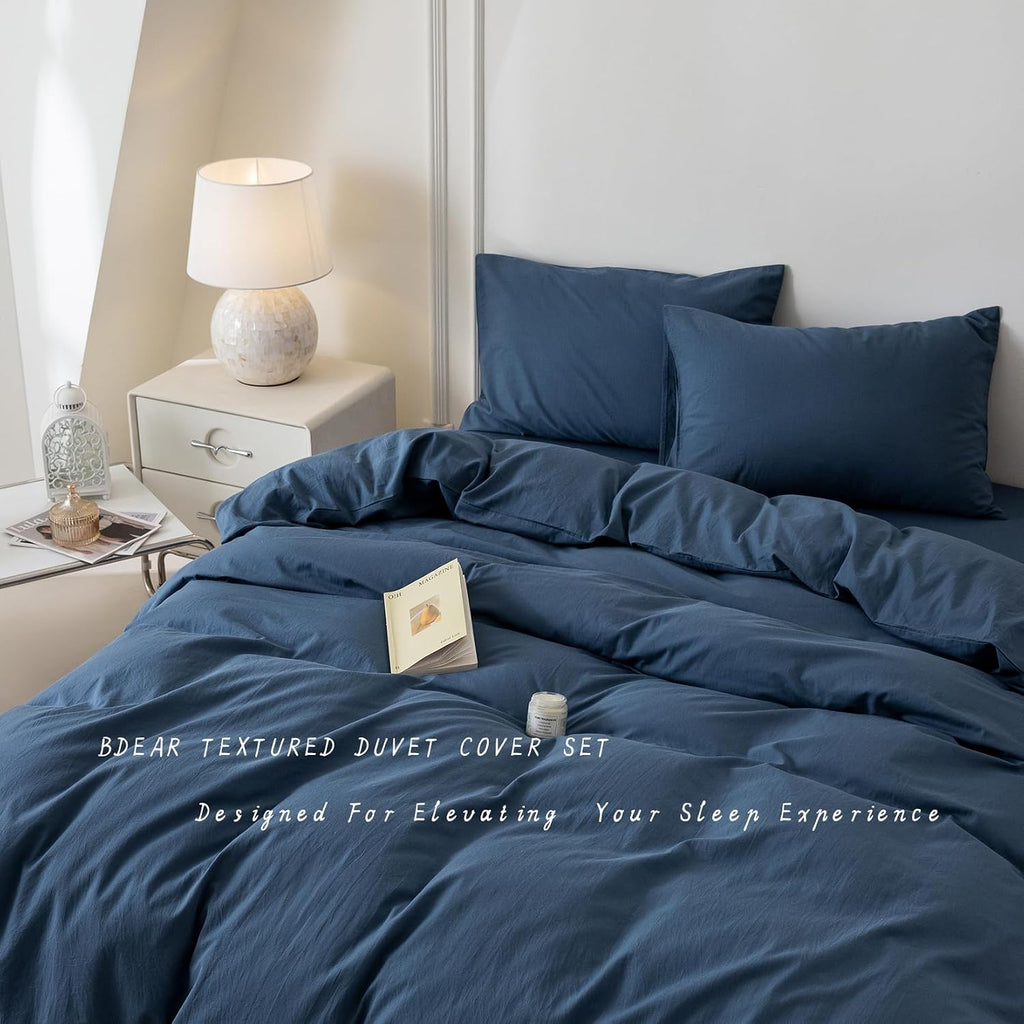 3 Pieces Gray Blue Duvet Cover Set Queen 90'' L 90'' W, 100% Washed Cotton Duvet Cover with Zipper Closure Plus 2