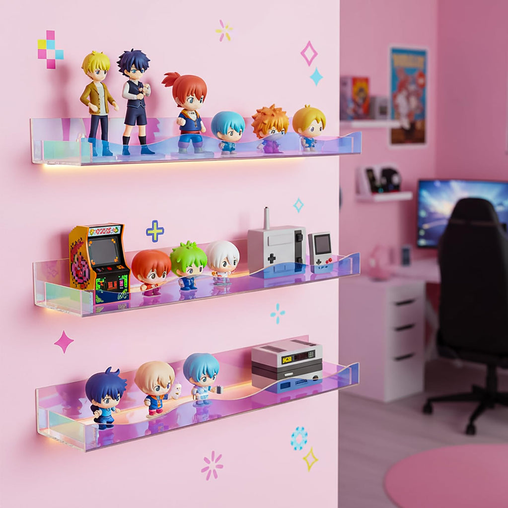 4 Pack 15" Iridescent Acrylic Floating Shelves, Wall Mounted Floating Bookshelf Organizer for Room, Clear Nail Polish
