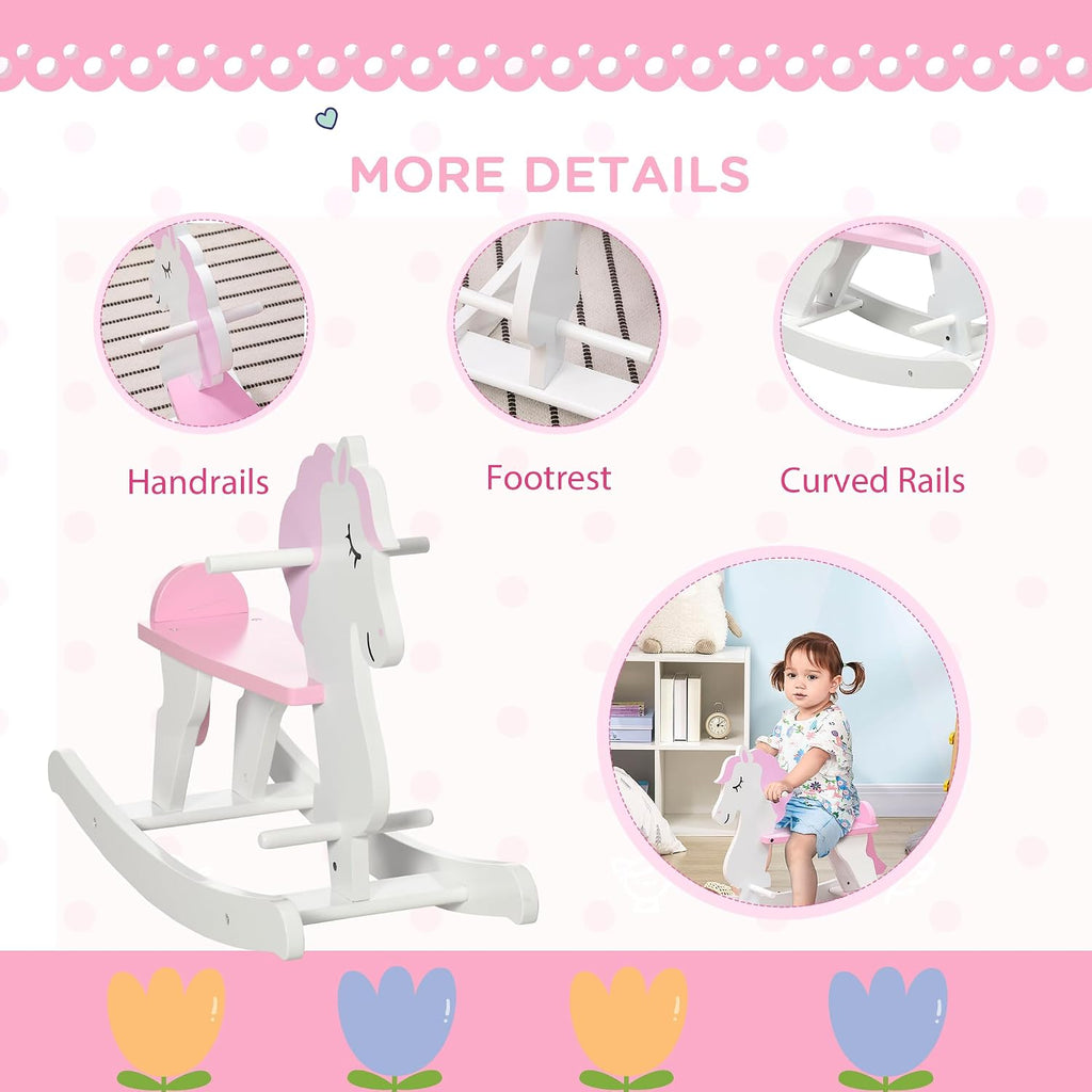 Wooden Rocking Horse for Toddlers 1-3 Kids Ride on Horse Pink & White