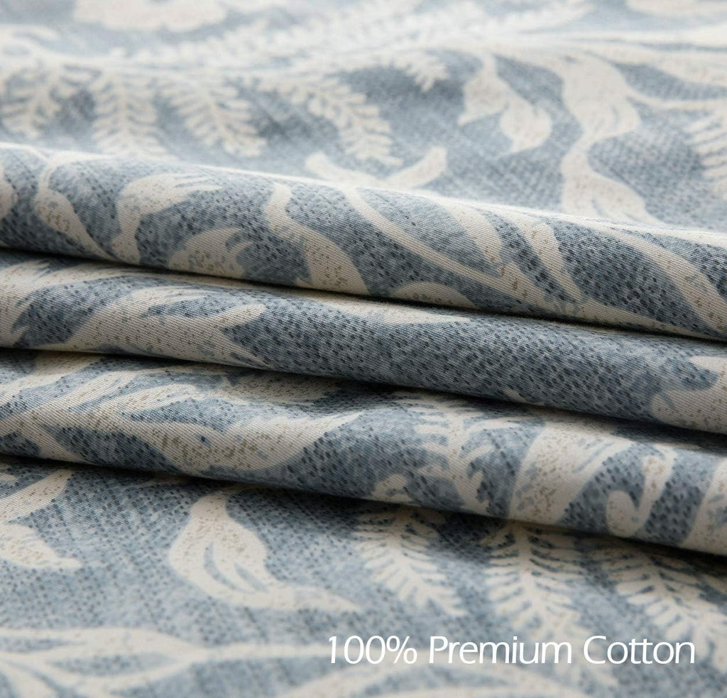 Duvet Cover King, 600 Thread Count Cotton Beige & Bluish Grey Printed with Luxurious Leaves Pattern Reversible