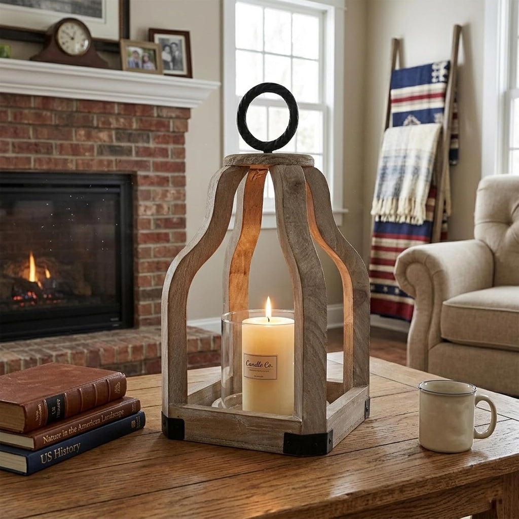 13" Rustic Farmhouse Wood Candle Hurricane Lantern with Glass Candlestick Holder for Patio, Table Centerpiece, White