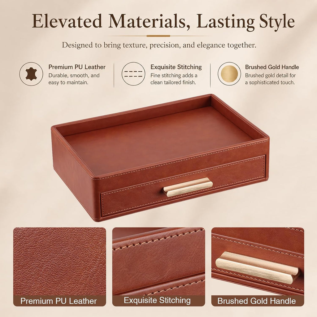 Leather Valet Tray with Drawer for Men, Nightstand Organizer, Brown