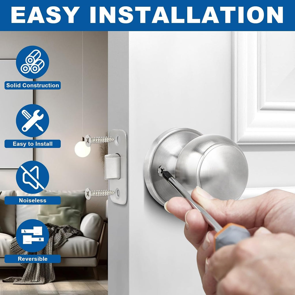 Brushed Nickel Door Knob, 10 Pack Round Keyless Doorknobs Interior Lockset