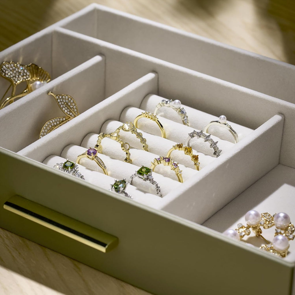 Jewelry Box Organizer Storage Case, 3-Layer with Glass Window, Green