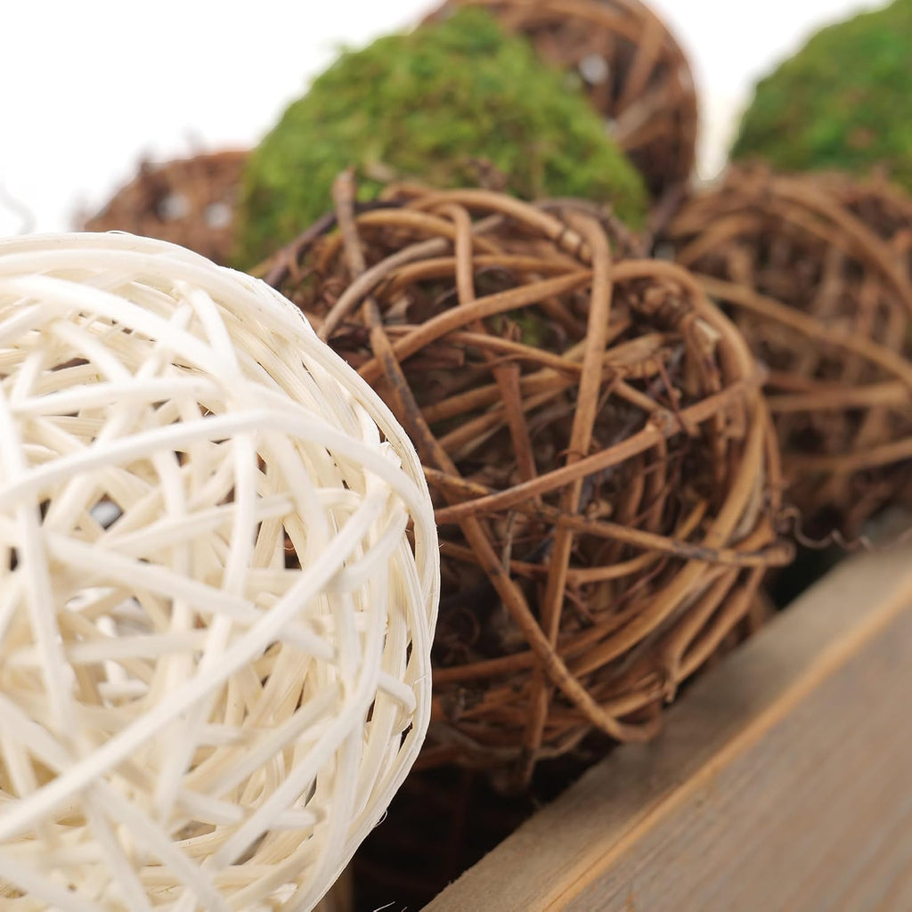Decorative Balls for Centerpiece Bowl - Fake Moss Balls + Rattan Wicker Balls, Artificial Moss - Set of 18
