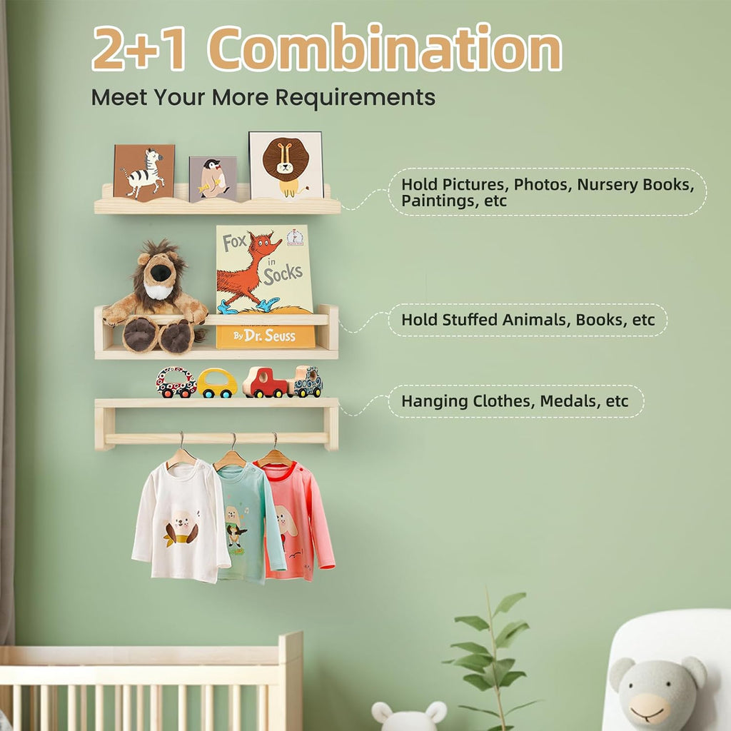 Floating Book Shelves for Wall, 16.5" Natural Wood Nursery Shelves for Book Storage, Solid Pine Wooden Floating Wall
