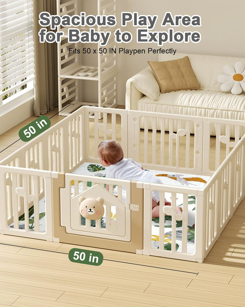 Premium Foam Baby Play Mat 50x50 - Removable & Machine Washable Cover, Extra Thick Padding Playpen Mat, Non-Slip