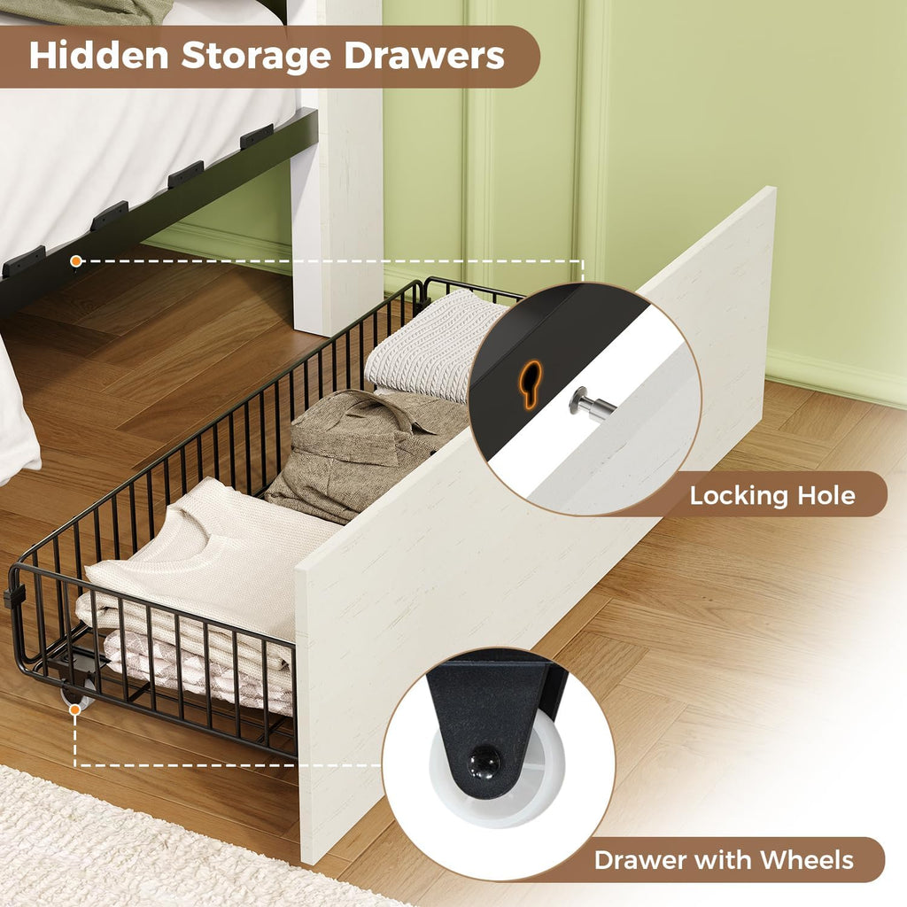 Farmhouse Wood Full Bed Frame with Storage Headboard & Drawer for Cat & Dog