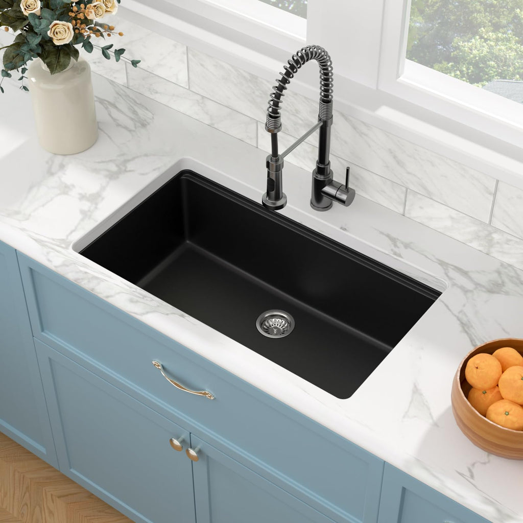 33 Granite Composite - 33 x 19 inch Black Undermount Granite Sink Ledge Workstation Matte Black Granite Composite