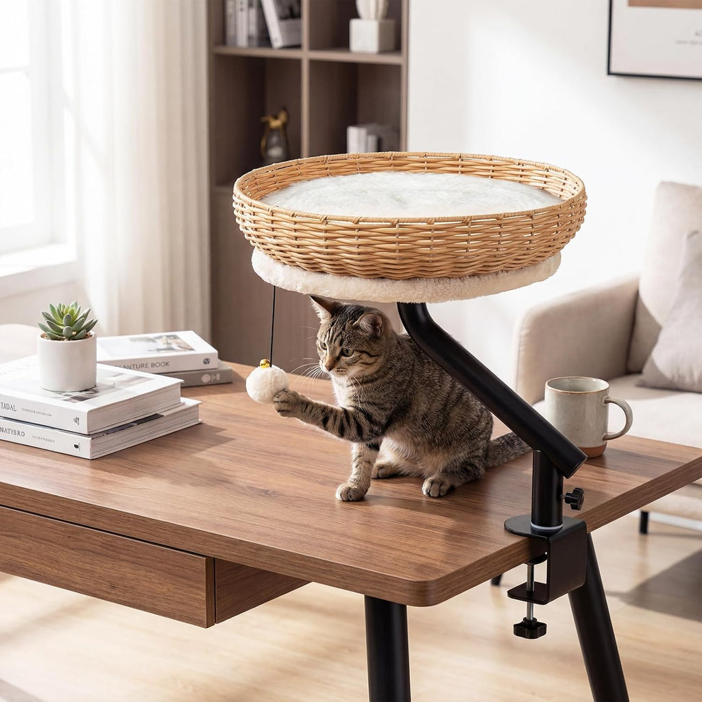 Cat Desk Bed, 360° Rotatable Rattan Desk Cat Bed Attachment with Removable Padded Cushion, Hanging Jingling Ball &