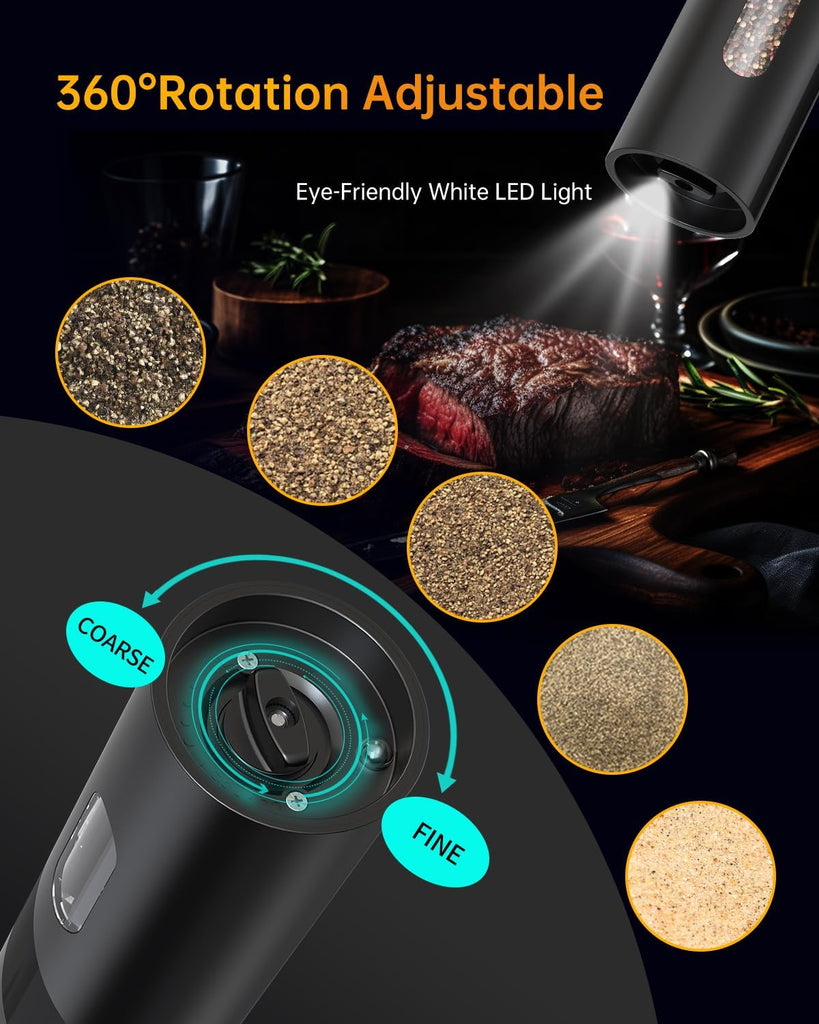 Electric Rechargeable Salt and Pepper Grinder Set Top-Refill Automatic Pepper Mill Grinder with Charging Base