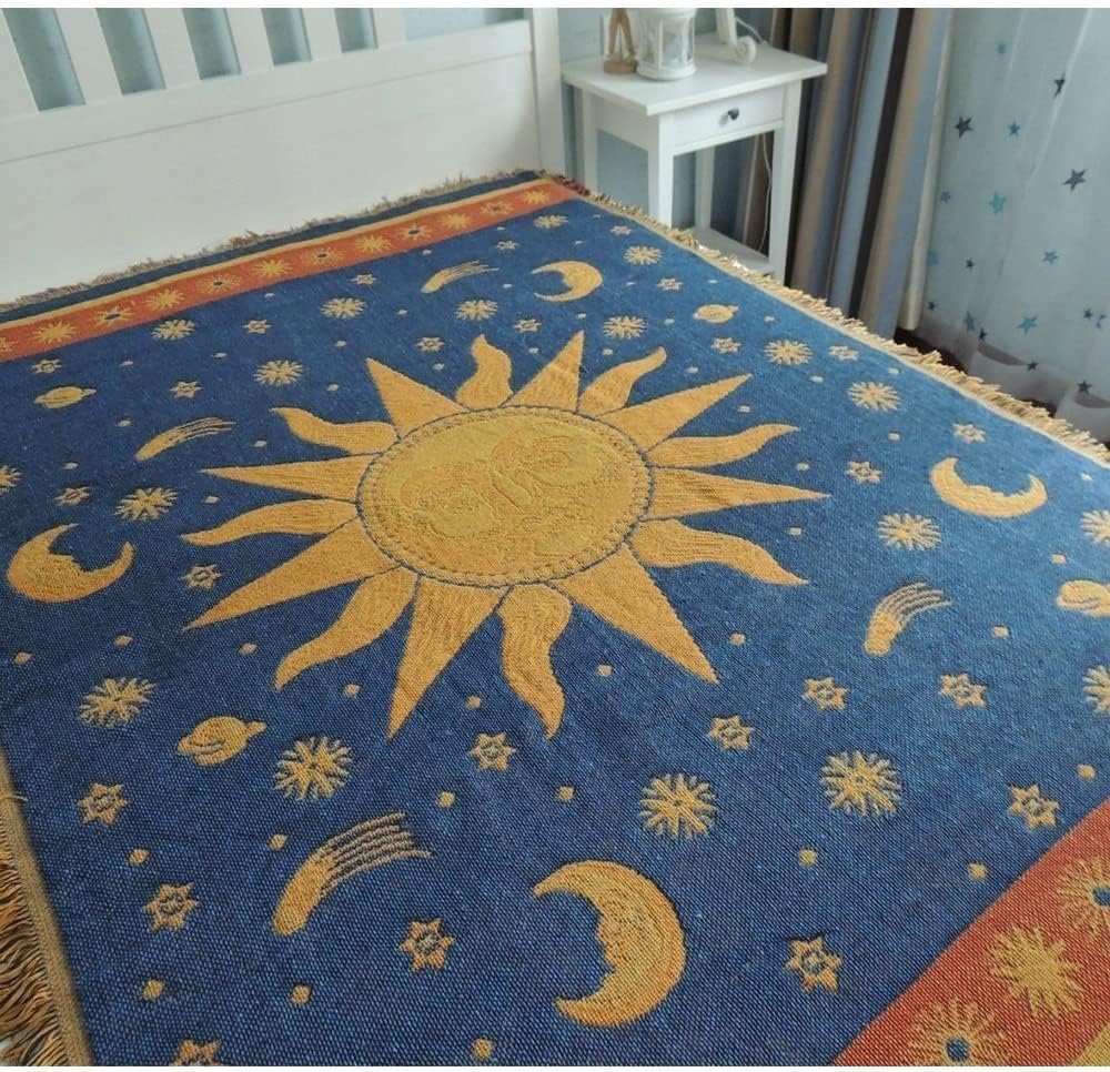 Hippie Throw Blanket Sun Moon Stars Boho Throw Blankets Celestial Tapestry Double-Sided Reversible Woven Cotton Home