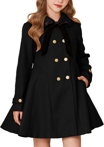 Girls Dress Coat Fall Winter Double Breasted Peacoat Bow Pocket