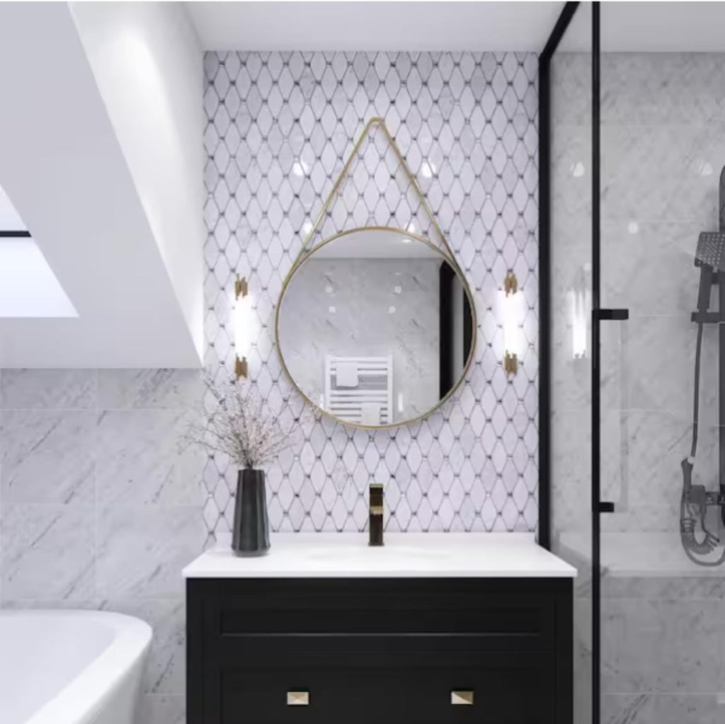 Premium Carrara Diamond Insert Decorative Marble Mosaic Sheet Kitchen Backsplash Wall and Floor, Spa, Pool (Box of 5