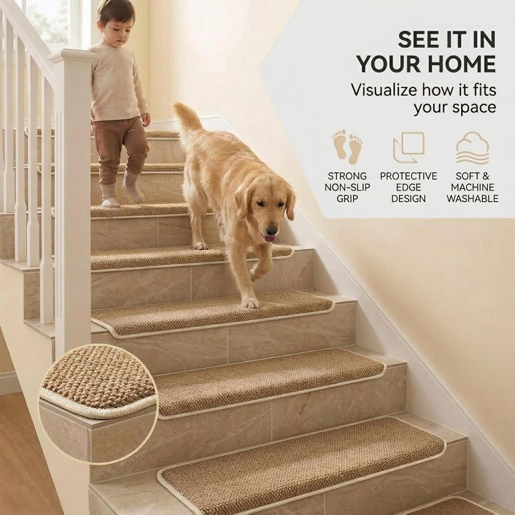 Bullnose Carpet Stair Treads, 29.5"x9.5"x1.5", 14pcs, Camel | Wood stair compatible, washable & reusable