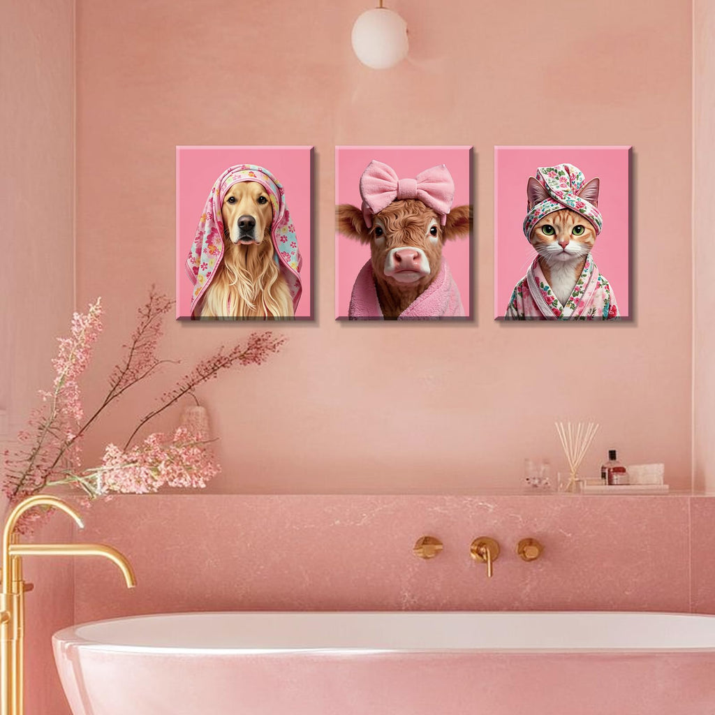 3 Piece Pink Bow Highland Cow Bathroom Wall Art, Cute Japan Cat Art Decor