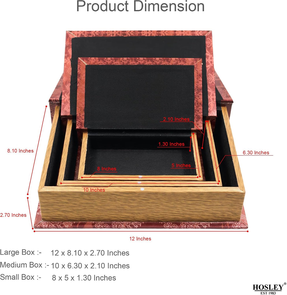 Farmhouse Memory Book Boxes, Red Brown & Gold, Decorative Nesting Storage Boxes 12 10 8 Inch, Faux Leather - Set of 3
