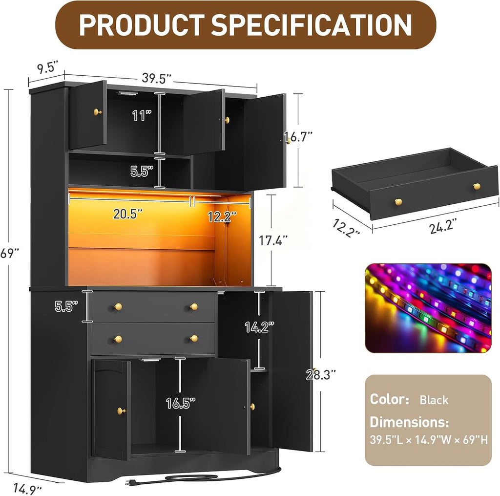 Pantry Cabinet with Charging Station and LED Light, Kitchen Hutch Cabinet Countertop, Drawers and Adjustable Shelf
