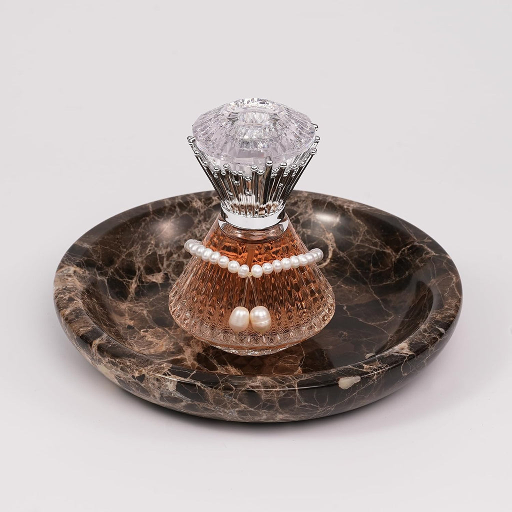 Brown Marble Jewelry Tray - Stone Trinket Ring Key Purse Holder Dish, Small Cute Round Plate Decorative Bowl for