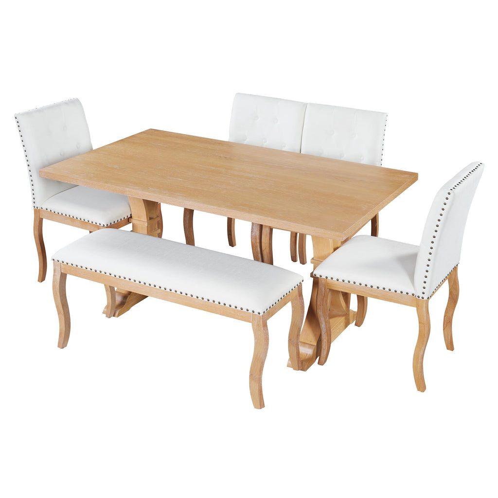 6-Piece Farmhouse Dining Table Set with Bench, Solid Wood Dining Room Table Set with 4 Upholstered Button Tufted