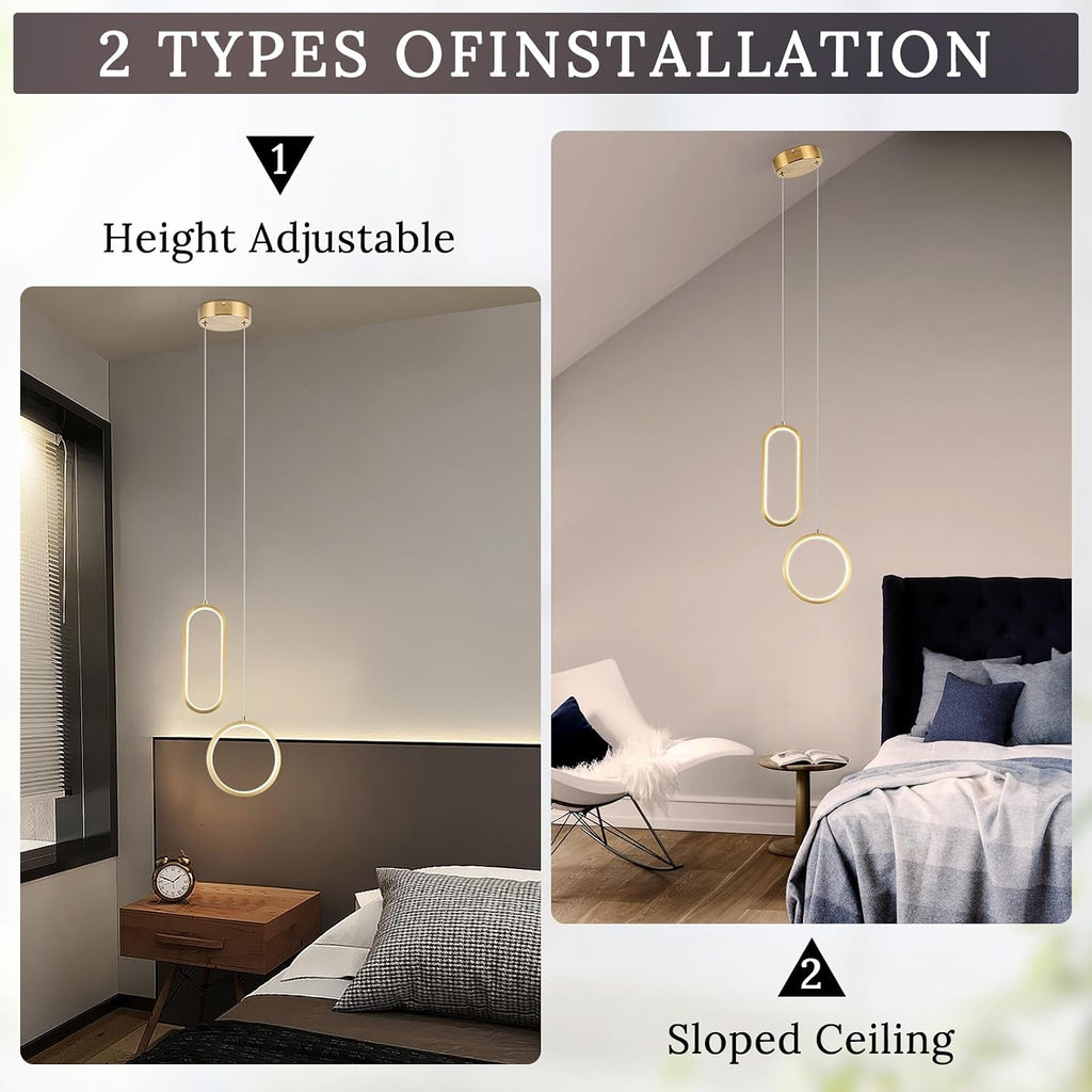 Gold Modern Mini LED Pendant Light with Remote Control, 2 Ring 24W 3-Color Temp Stepless Dimmable Ceiling Hanging
