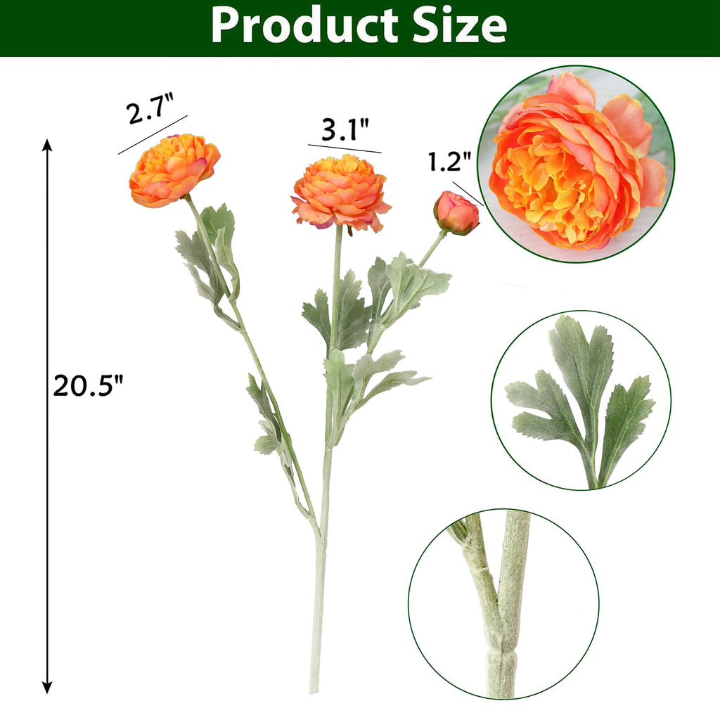 6PCS Artificial Ranunculus Flowers with Real Touch Stem hold Arrangement (Light Orange)