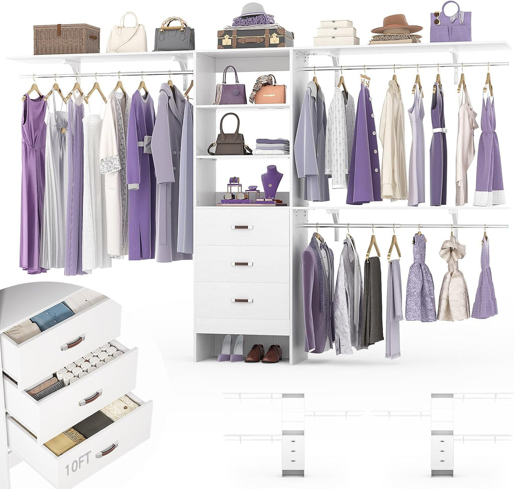 10FT Heavy Duty Closet System, 120 Inches Walk In Closet Organizer with 3 Wooden Drawers, 1300 LBS Built-In Wardrobe