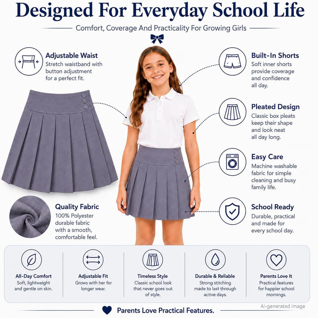 Girls Uniform Pleated Skirt: Adjustable Waist Skort