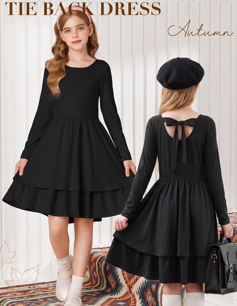 Girls Fall Dress Long Sleeve Tie Back Pockets School Party
