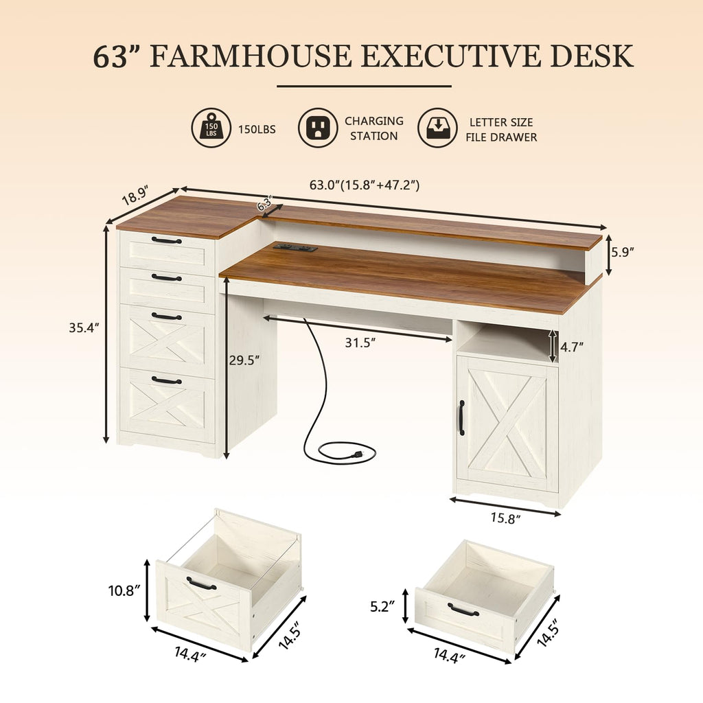 63" Farmhouse Computer Desk with 4 Drawers