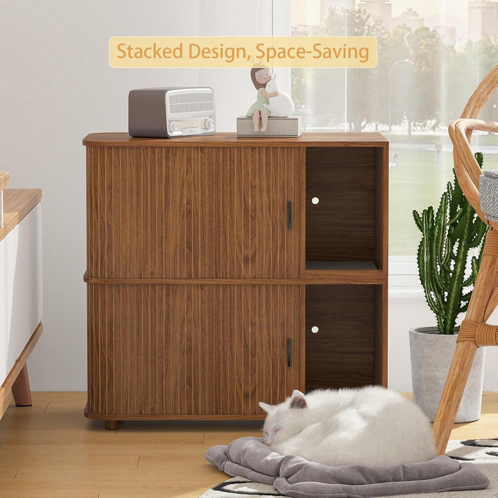 Double Cat Litter Box Enclosure with Sliding Doors & Ventilation, Walnut