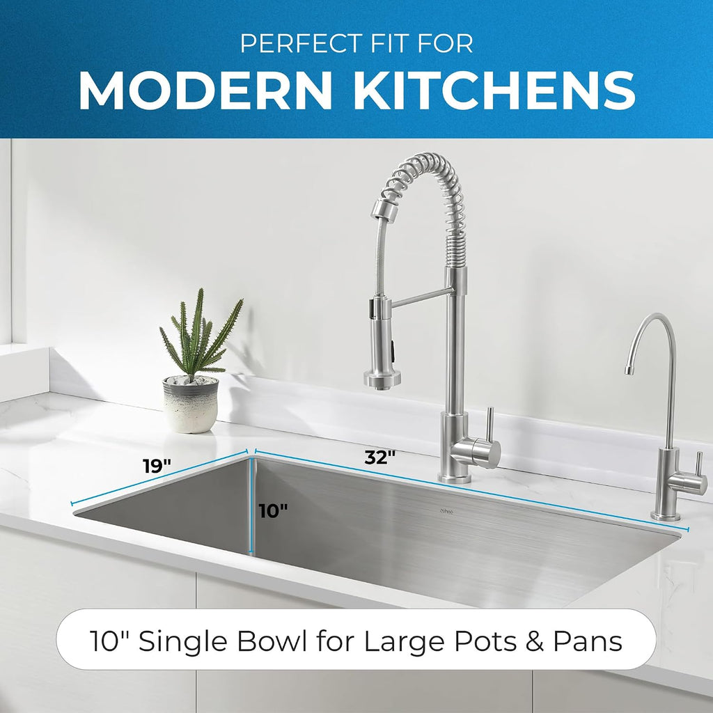 Modena 32-Inch Undermount Kitchen Sink - 32 x 19 x 10 in | 16 Gauge T304 Stainless Steel, Sound Guard, Sloped Bottom