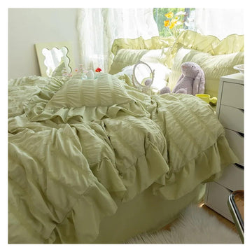 Ultra Soft Seersucker Fabric Ruffle White Bedding Set Double 4Pcs Quilt Duvet Cover Flat Bed Sheet 2