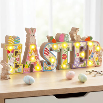 Easter Table Decoration Wooden Sign with LED Lights Easter Lighted Decor Rustic Farmhouse Table Centerpiece with 3D