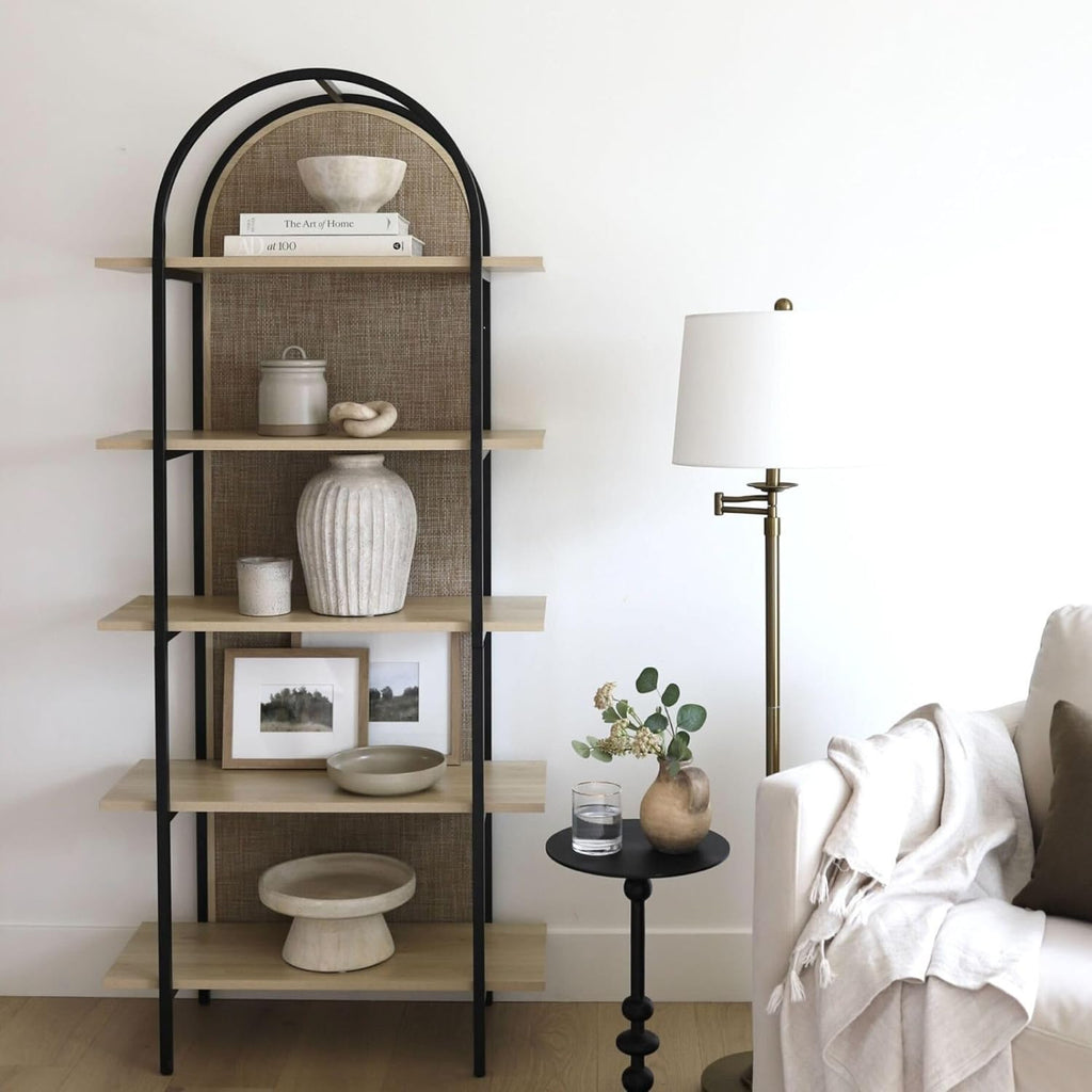 Amara Bohemian 5-Shelf Etagere Bookcase, Rattan Open Bookshelf with Arch Top, Light Oak/Matte Black