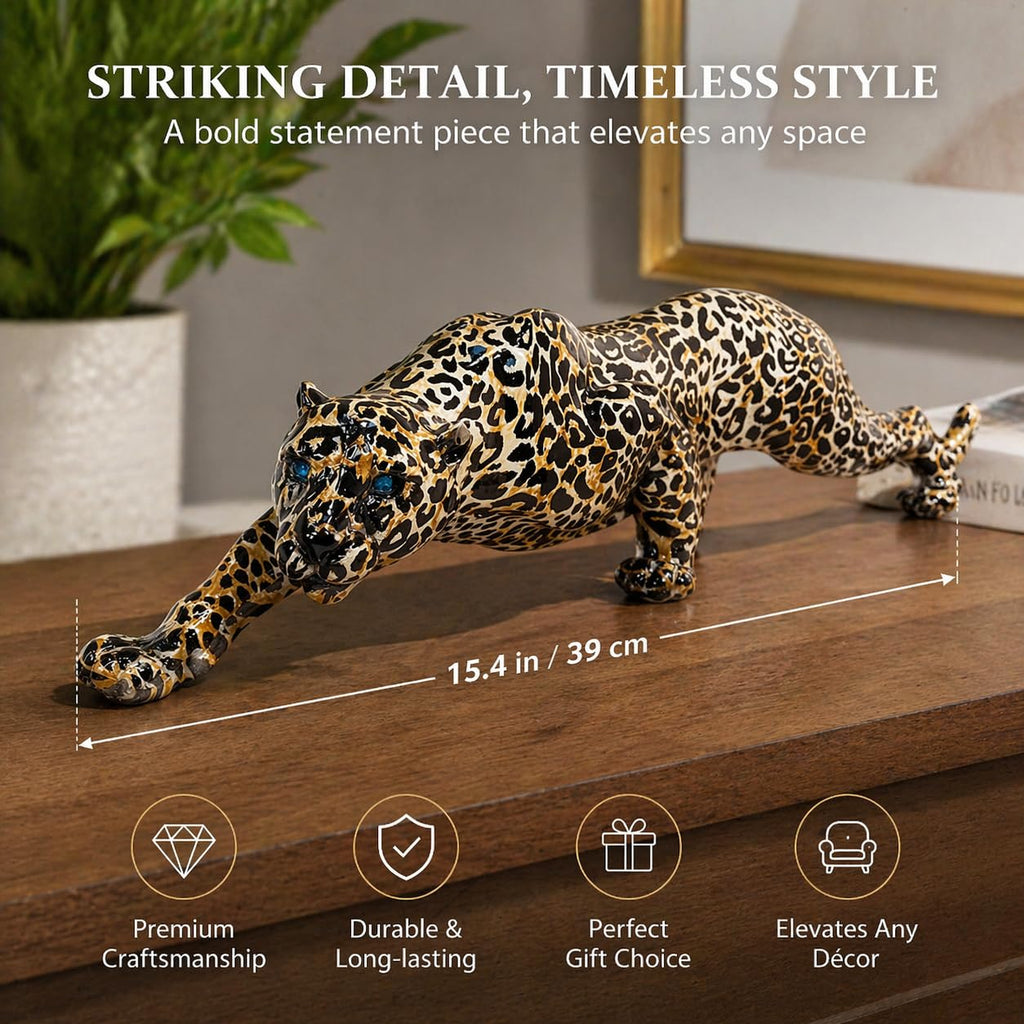 Modern Leopard Statue Home Decor - 15.4" Long Safari Animal Sculpture Figurine - Elegant Cheetah Panther Accent Desk