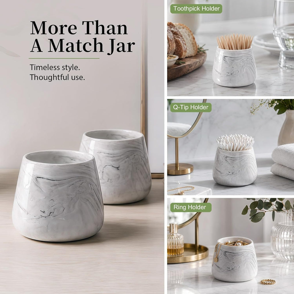 Marble Ceramic Match Holder with Striker Decorative Jar - Set of 2