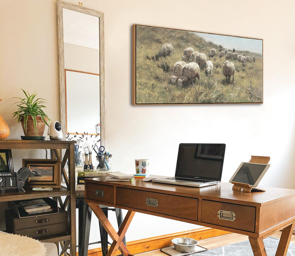 Large Framed Vintage Wall Art, Sheep on the Dunes Prints, 20x40in