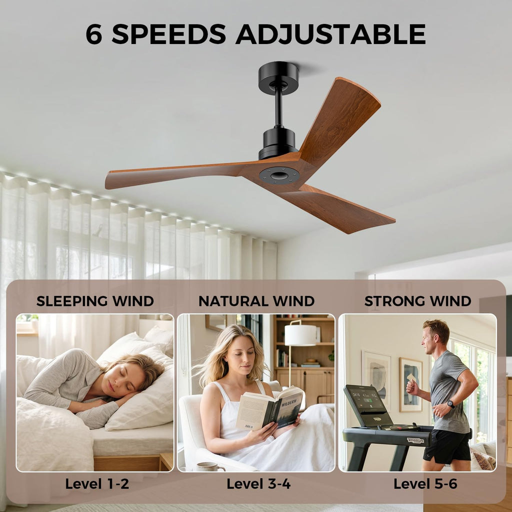 Inspired Adler Style 52" Solid Wood Ceiling Fan Without Light, 3 Sculpted Blades, Quiet DC Motor, 6-Speed Remote - Black and Walnut