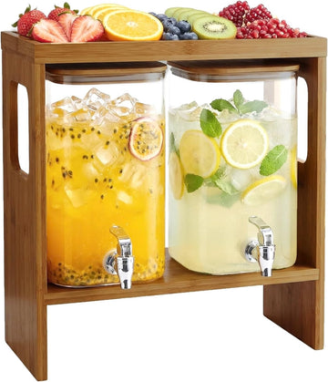 1.2 Gallon Glass Drink Dispenser with Stand and Serving Tray - Set of 2