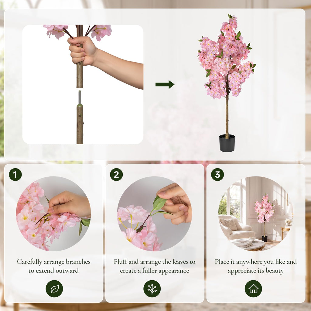 Cherry Blossom Tree 4FT Artificial Plants Indoor - Reinforced Spiral Connection Base & Anti-Shedding Silk Sakura